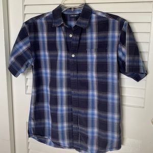 Boys, blue and gray plaid short sleeve button down shirt size 10/12